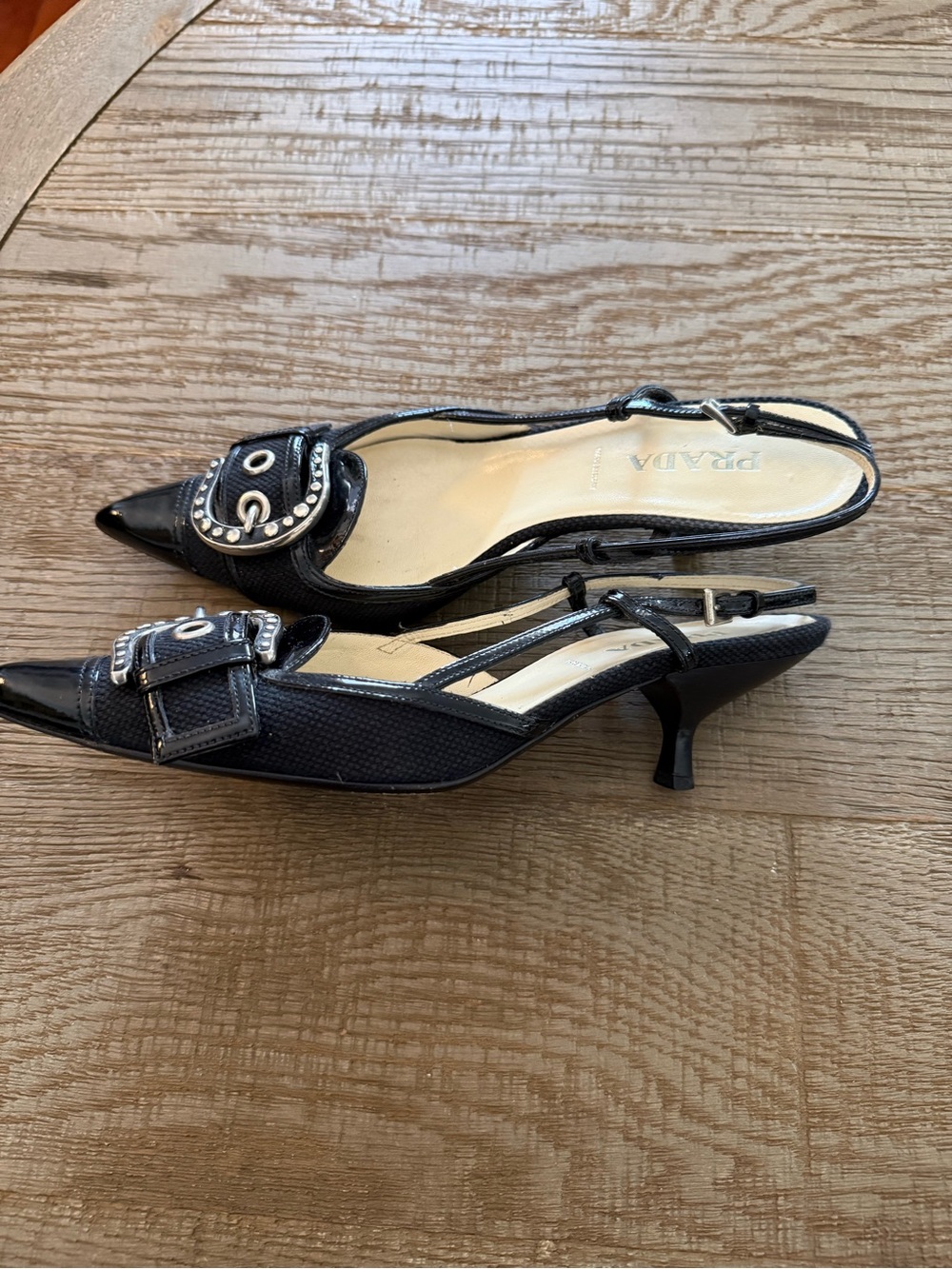 Prada Black Patent Leather Pointed Slingback Mules with Buckle - Picture 3 of 5